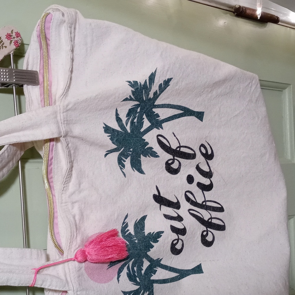 Women's Out of Office canvas zip closure tote cream pink tassel 🌴 palm tree
